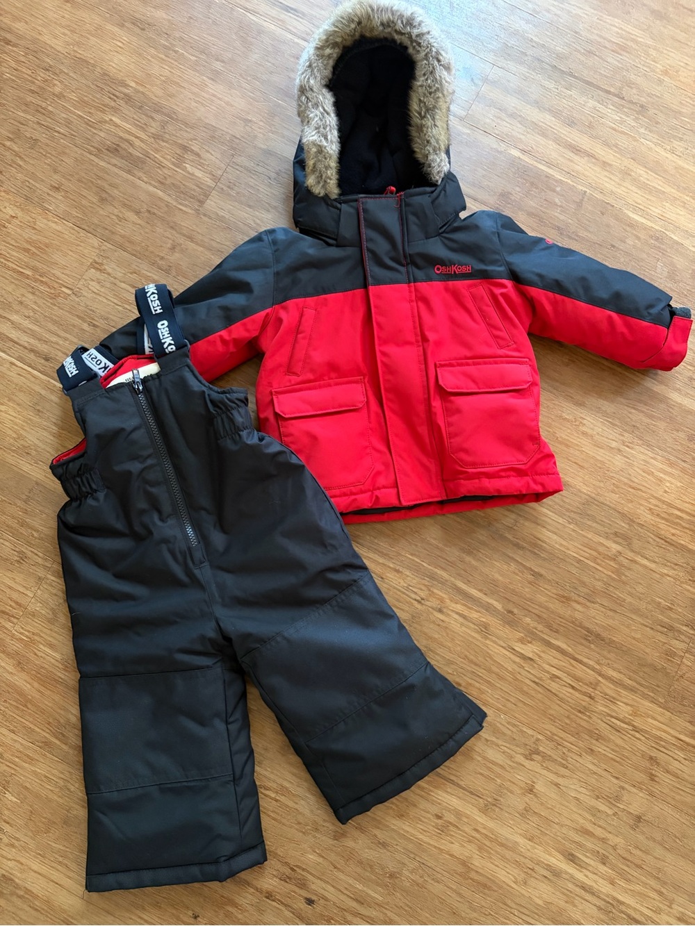 OshKosh Red and Black Toddler Winter Jacket & Bib Snow Pants Set, Sz 18M